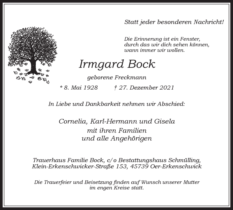  Traueranzeige für Irmgard Bock vom 31.12.2021 aus Medienhaus Bauer