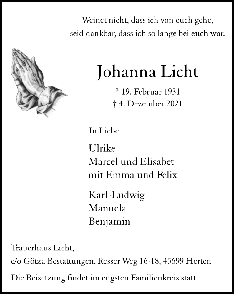  Traueranzeige für Johanna Licht vom 11.12.2021 aus Medienhaus Bauer