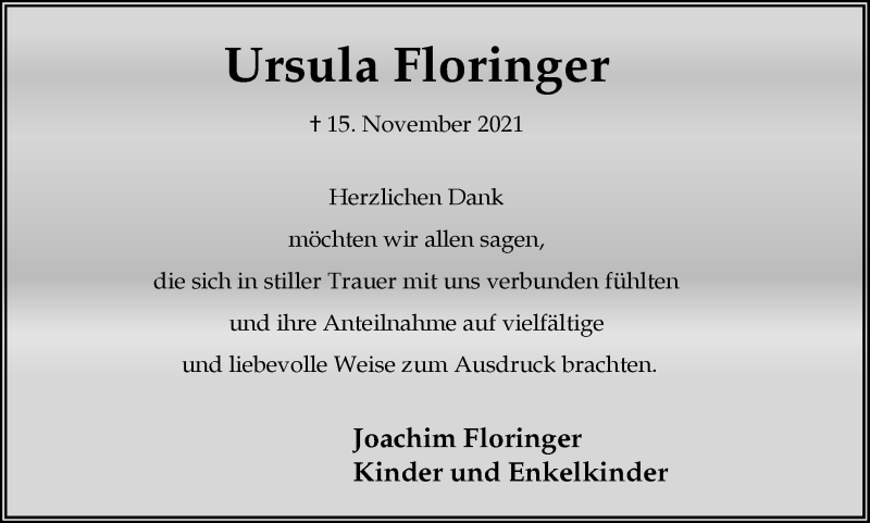  Traueranzeige für Ursula Floringer vom 08.12.2021 aus Medienhaus Bauer