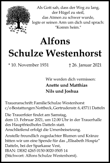 Traueranzeige von Alfons Schulze Westenhorst von Medienhaus Bauer