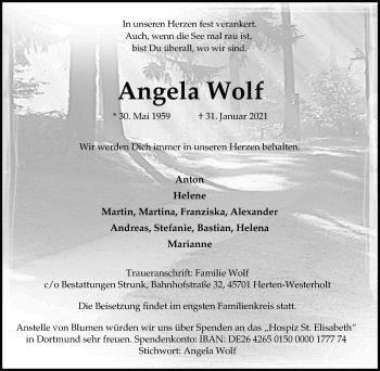 Traueranzeige von Angela Wolf von Medienhaus Bauer