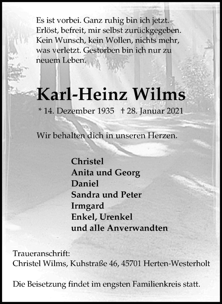  Traueranzeige für Karl-Heinz Wilms vom 03.02.2021 aus Medienhaus Bauer