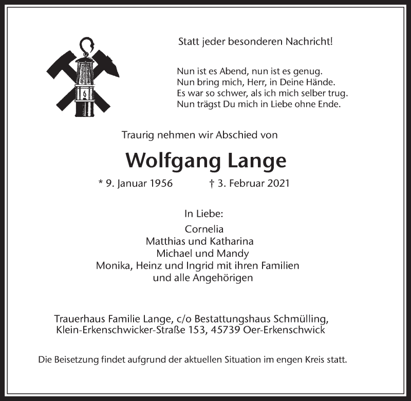  Traueranzeige für Wolfgang Lange vom 06.02.2021 aus Medienhaus Bauer