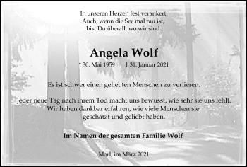Traueranzeige von Angela Wolf von Medienhaus Bauer
