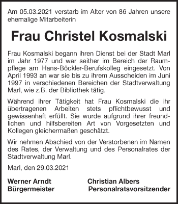Traueranzeige von Christel Kosmalski von Medienhaus Bauer