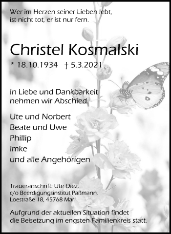 Traueranzeige von Christel Kosmalski von Medienhaus Bauer