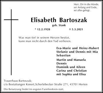 Traueranzeige von Elisabeth Bartoszak von Medienhaus Bauer