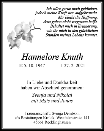 Traueranzeige von Hannelore Knuth von Medienhaus Bauer