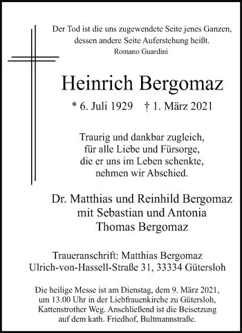 Traueranzeige von Heinrich Bergomaz von Medienhaus Bauer