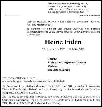Traueranzeige von Heinz Eiden von Medienhaus Bauer