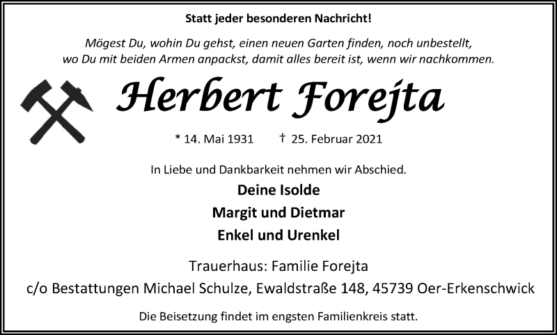  Traueranzeige für Herbert Forejta vom 02.03.2021 aus Medienhaus Bauer