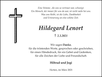 Traueranzeige von Hildegard Lenort von Medienhaus Bauer