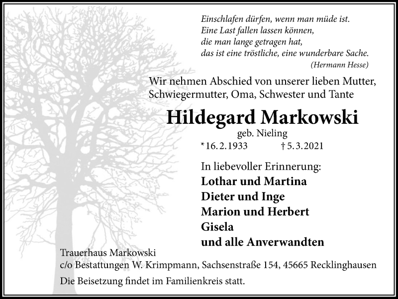  Traueranzeige für Hildegard Markowski vom 10.03.2021 aus Medienhaus Bauer
