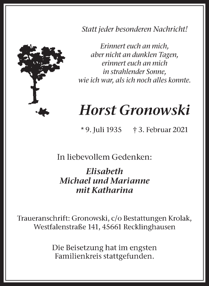  Traueranzeige für Horst Gronowski vom 10.03.2021 aus Medienhaus Bauer
