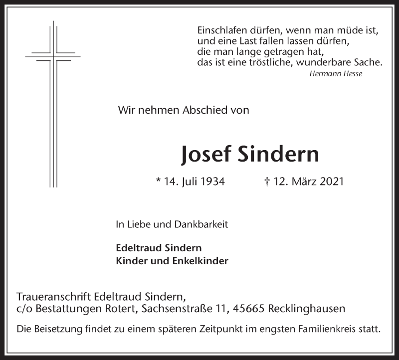  Traueranzeige für Josef Sindern vom 20.03.2021 aus Medienhaus Bauer