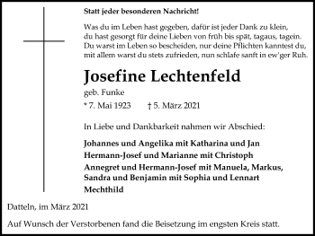Traueranzeige von Josefine Lechtenfeld von Medienhaus Bauer