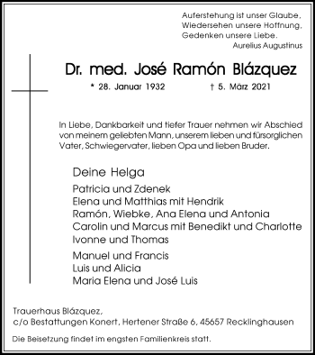 Traueranzeige von José Ramón Blázquez von Medienhaus Bauer