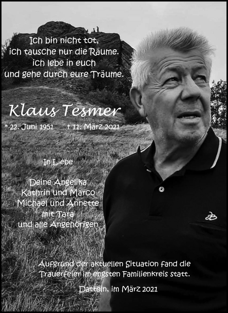  Traueranzeige für Klaus Tesmer vom 27.03.2021 aus Medienhaus Bauer