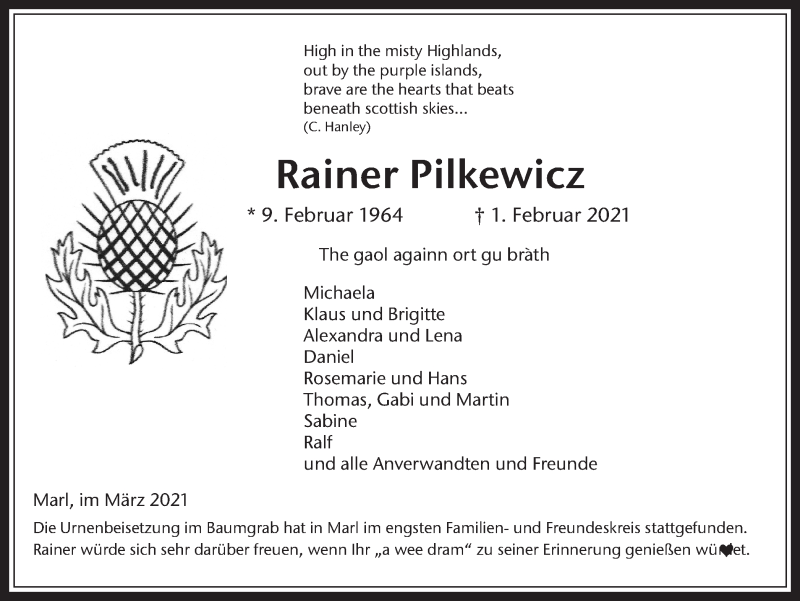  Traueranzeige für Rainer Pilkewicz vom 06.03.2021 aus Medienhaus Bauer