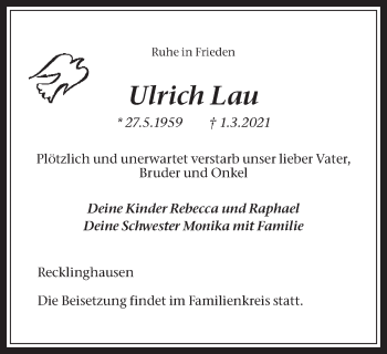 Traueranzeige von Ulrich Lau von Medienhaus Bauer