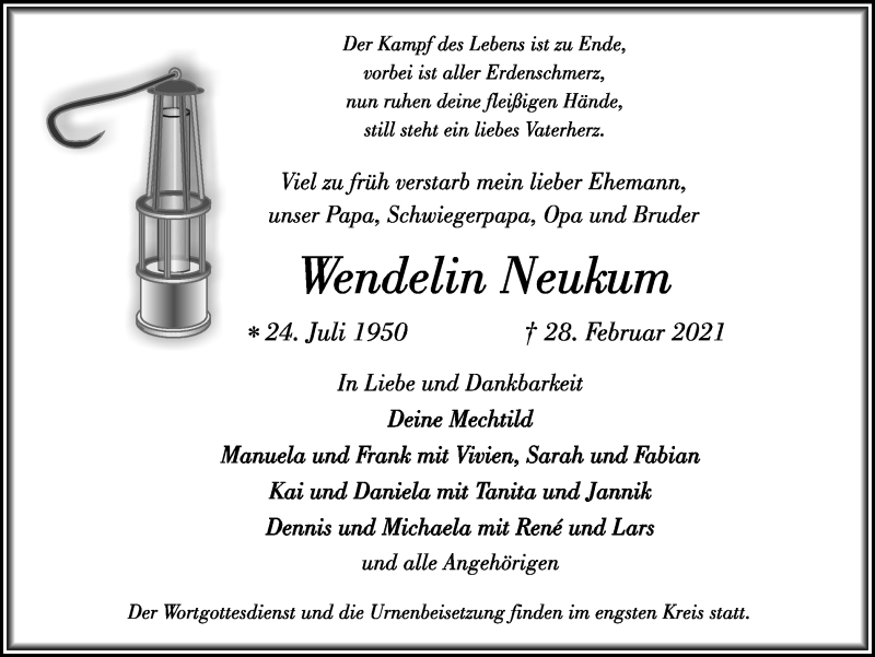  Traueranzeige für Wendelin Neukum vom 06.03.2021 aus Medienhaus Bauer