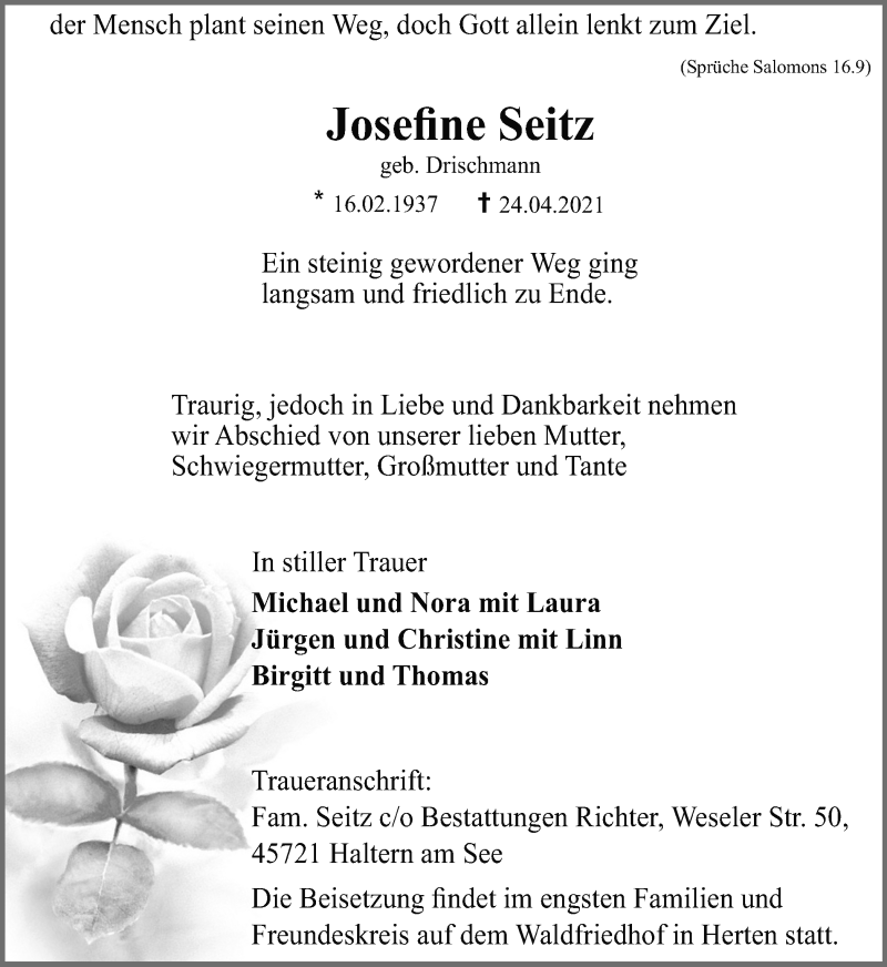  Traueranzeige für Josefine Seitz vom 01.05.2021 aus Medienhaus Bauer