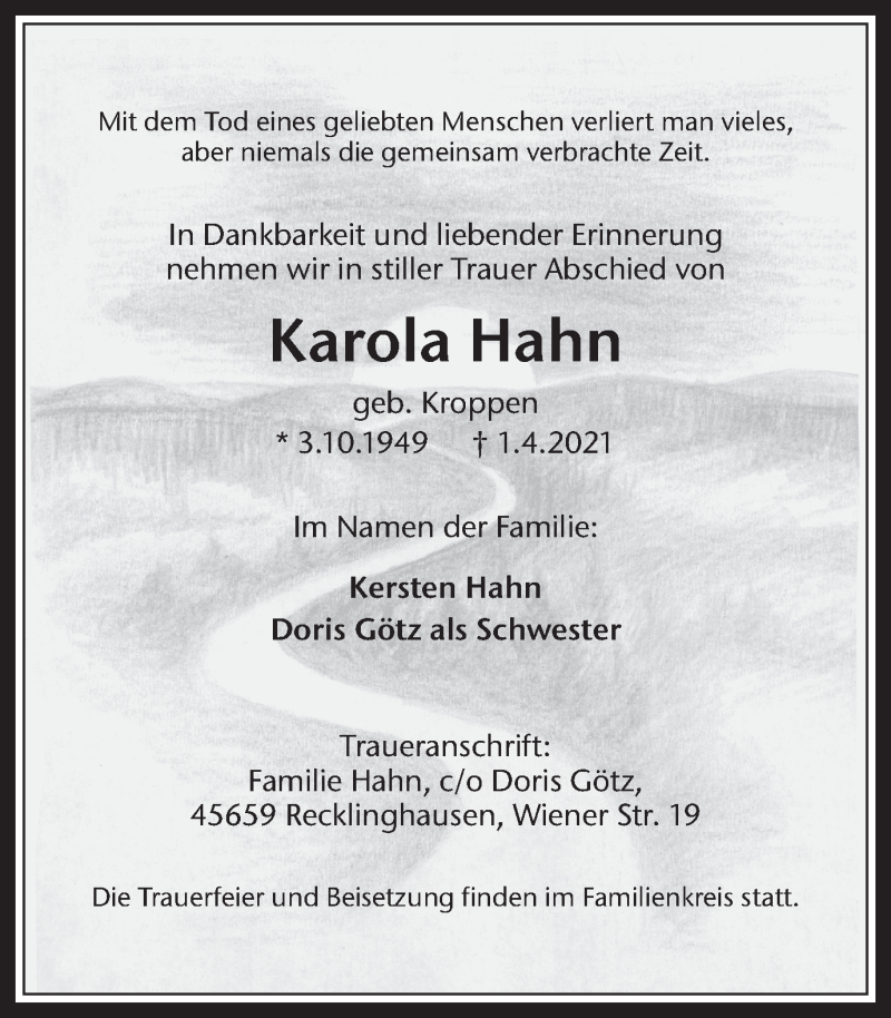  Traueranzeige für Karola Hahn vom 16.04.2021 aus Medienhaus Bauer