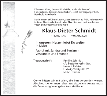 Traueranzeige von Klaus-Dieter Schmidt von Medienhaus Bauer
