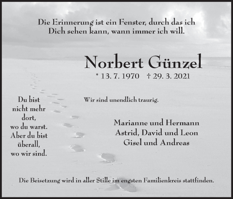  Traueranzeige für Norbert Günzel vom 03.04.2021 aus Medienhaus Bauer