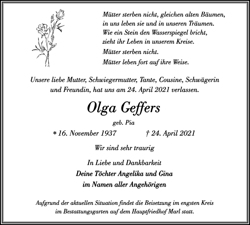  Traueranzeige für Olga Geffers vom 30.04.2021 aus Medienhaus Bauer