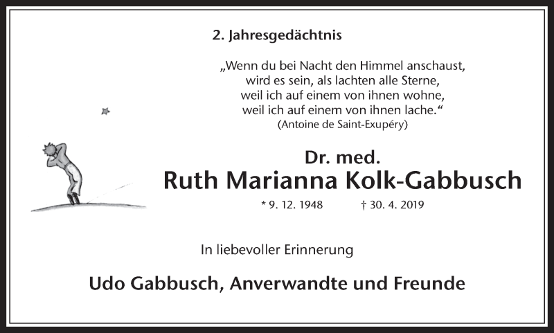  Traueranzeige für Ruth Marianna Kolk-Gabbusch vom 30.04.2021 aus Medienhaus Bauer