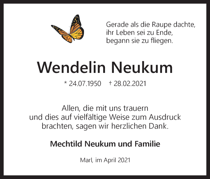  Traueranzeige für Wendelin Neukum vom 03.04.2021 aus Medienhaus Bauer