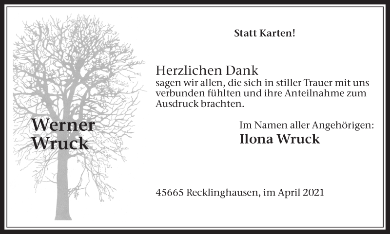  Traueranzeige für Werner Wruck vom 24.04.2021 aus Medienhaus Bauer