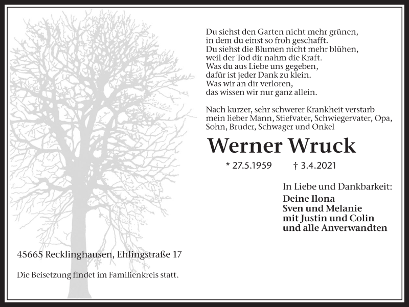  Traueranzeige für Werner Wruck vom 10.04.2021 aus Medienhaus Bauer
