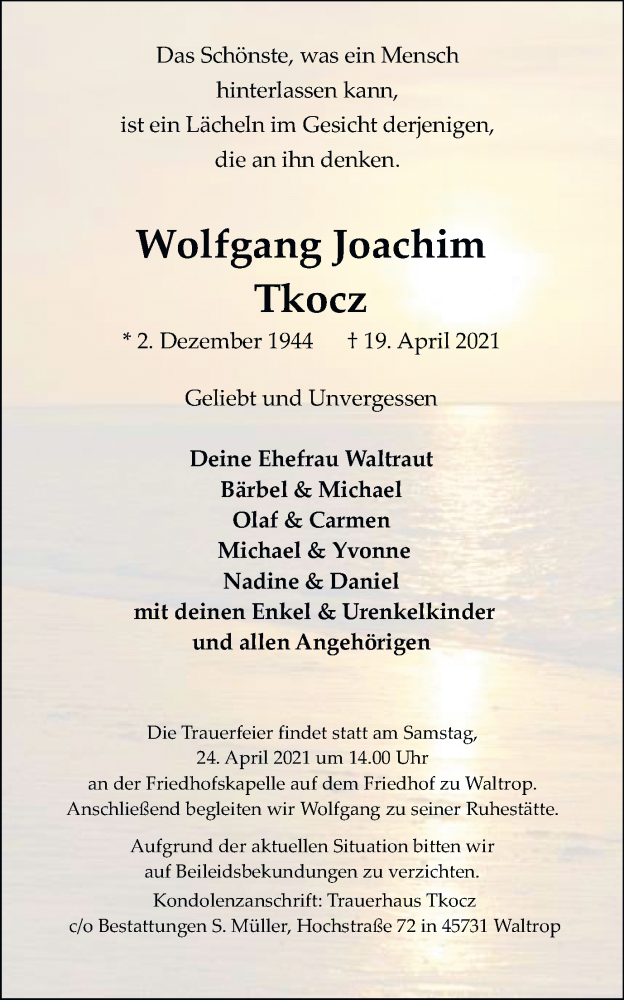  Traueranzeige für Wolfgang Joachim Tkocz vom 21.04.2021 aus Medienhaus Bauer