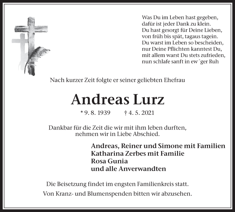  Traueranzeige für Andreas Lurz vom 08.05.2021 aus Medienhaus Bauer