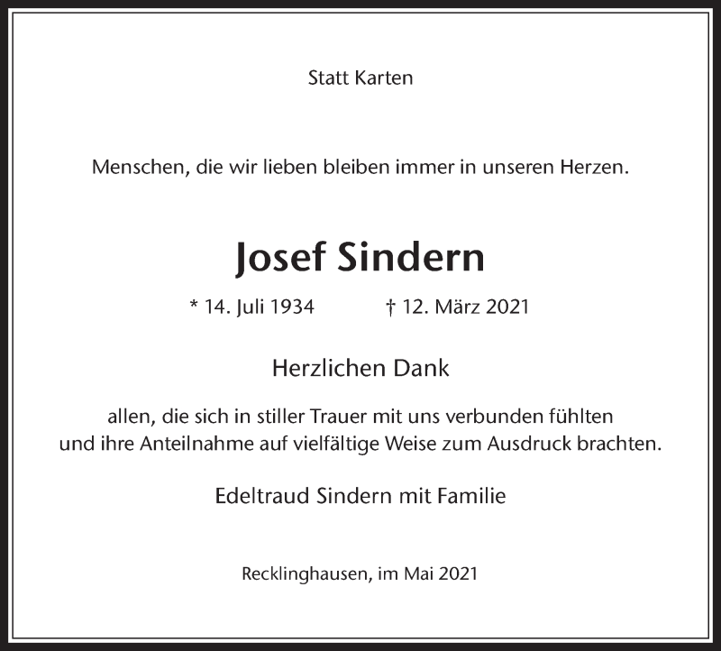  Traueranzeige für Josef Sindern vom 08.05.2021 aus Medienhaus Bauer