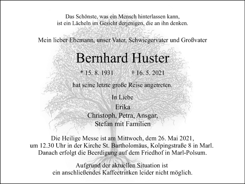  Traueranzeige für Bernhard Huster vom 21.05.2021 aus Medienhaus Bauer