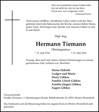 Traueranzeige von Hermann Tiemann von Medienhaus Bauer