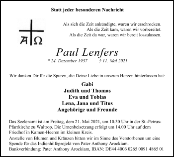 Traueranzeige von Paul Lenfers von Medienhaus Bauer