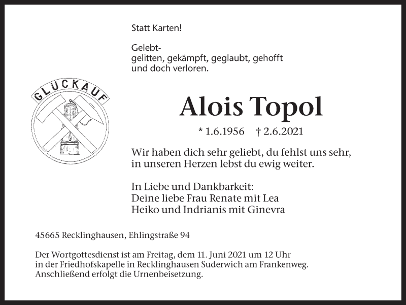  Traueranzeige für Alois Topol vom 05.06.2021 aus Medienhaus Bauer