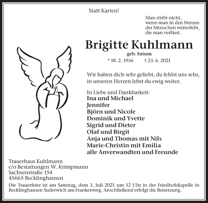  Traueranzeige für Brigitte Kuhlmann vom 26.06.2021 aus Medienhaus Bauer