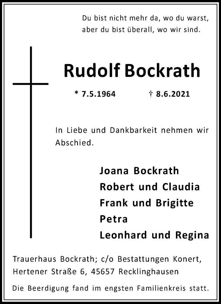  Traueranzeige für Rudolf Bockrath vom 19.06.2021 aus Medienhaus Bauer