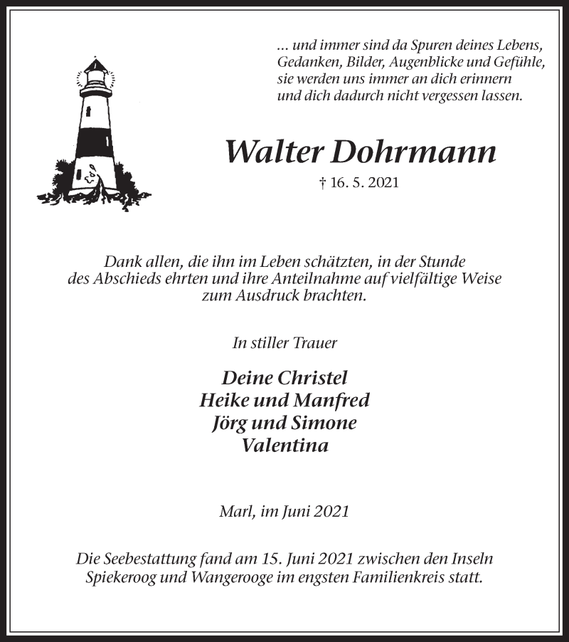  Traueranzeige für Walter Dohrmann vom 25.06.2021 aus Medienhaus Bauer