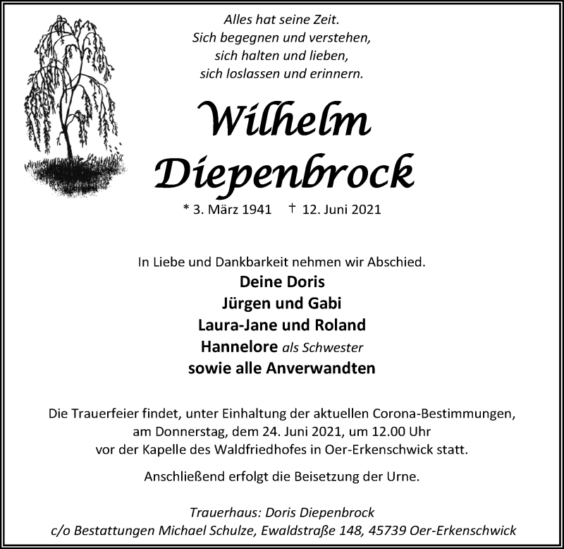  Traueranzeige für Wilhelm Diepenbrock vom 21.06.2021 aus Medienhaus Bauer