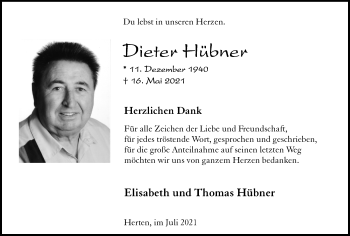 Traueranzeige von Dieter Hübner von Medienhaus Bauer
