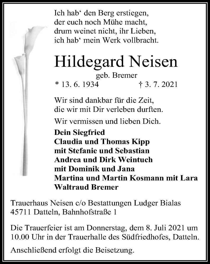  Traueranzeige für Hildegard Neisen vom 06.07.2021 aus Medienhaus Bauer