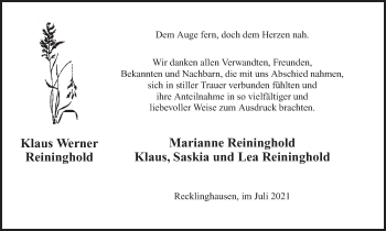 Traueranzeige von Klaus Werner Reininghold von Medienhaus Bauer