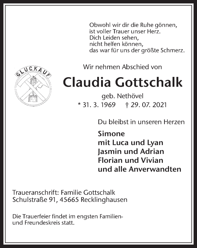  Traueranzeige für Claudia Gottschalk vom 04.08.2021 aus Medienhaus Bauer