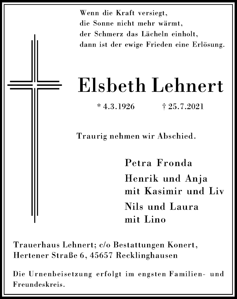  Traueranzeige für Elsbeth Lehnert vom 07.08.2021 aus Medienhaus Bauer